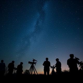 Vendégek távcsővel csillagos égboltot néznek