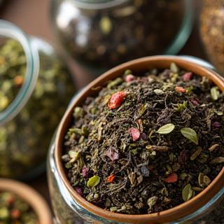 Válogatott laza levelű teák közelről