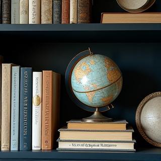 Könyvek és csillagászati díszek egy polcon