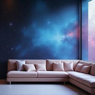 Kényelmes ülősarok kozmikus fali festménnyel
