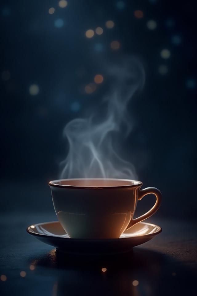 Gőzölgő teáscsésze, háttérben csillagokkal és ködökkel