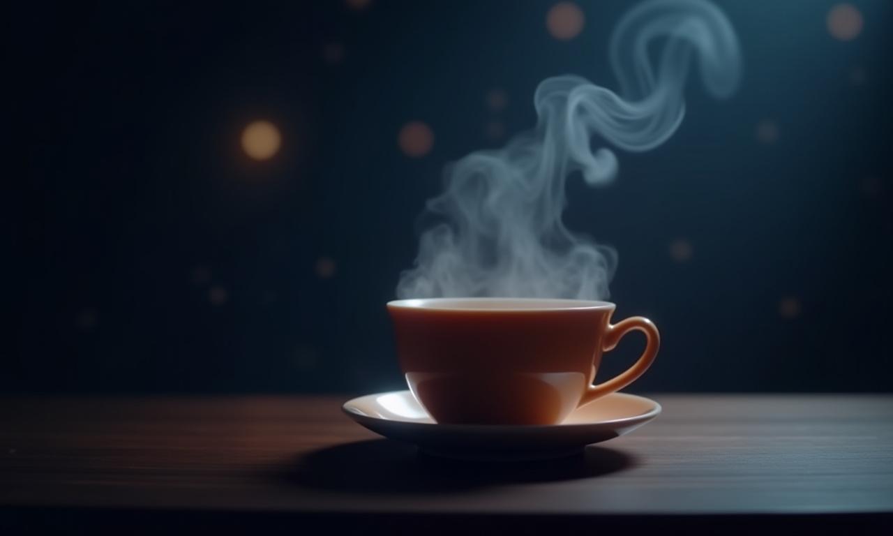 Gőzölgő teáscsésze, háttérben csillagokkal és ködökkel